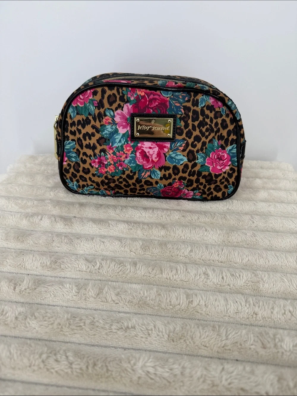 Betsey Johnson Leopard Floral Cosmetic Pouch - Pink, Teal & Brown